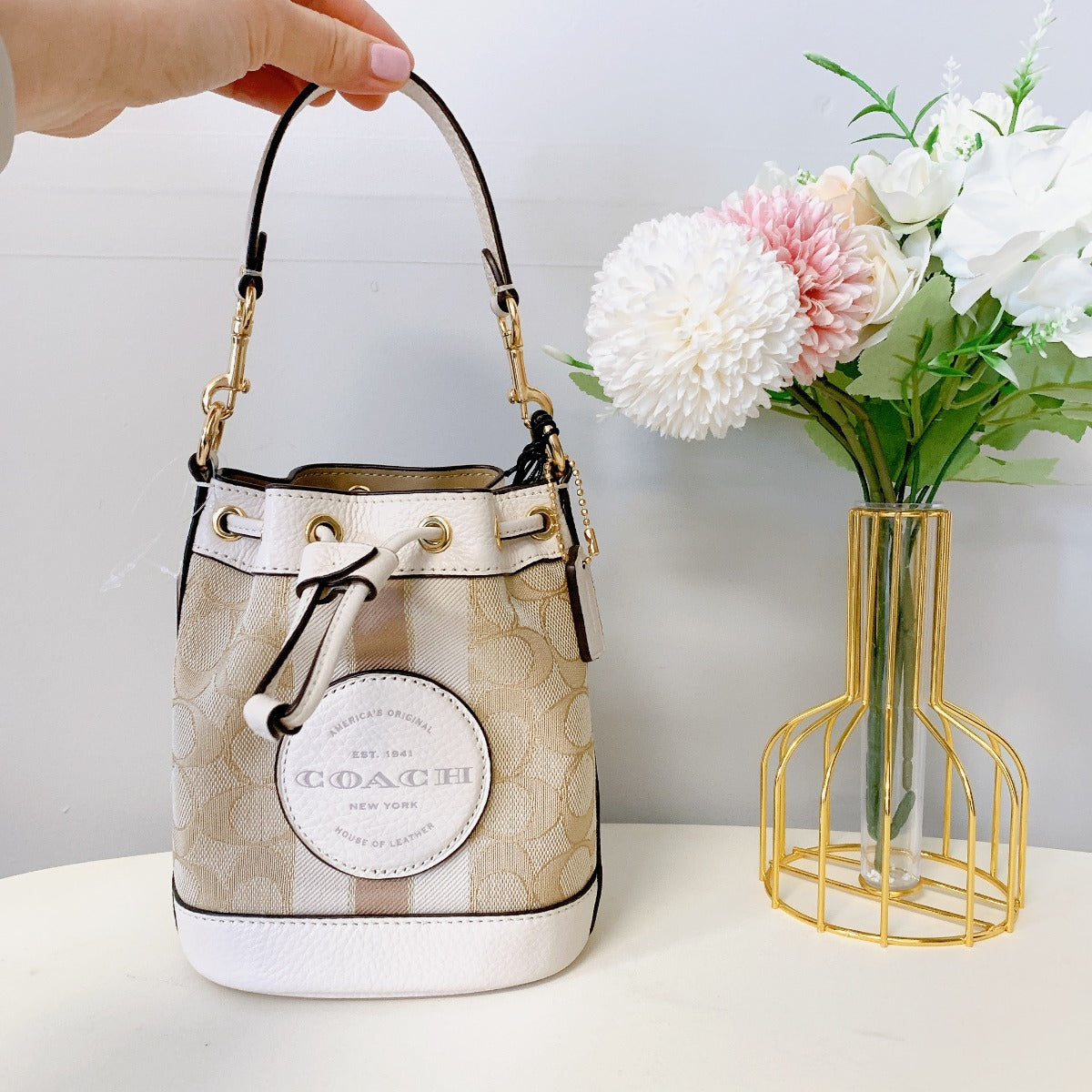 Coach C8322 Mini Dempsey Bucket Bag In Signature Jacquard In Light Khaki Chalk Coach C8322 Mini Dempsey Bucket Bag In Signature Jacquard In Light Khaki Chalk